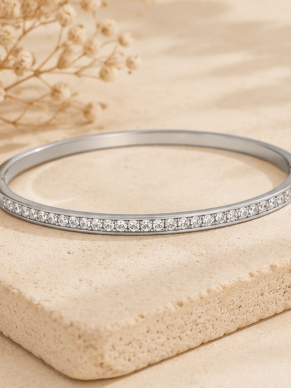 💦 Waterproof Silver CZ Bangle Bracelet Minimalist Stackable